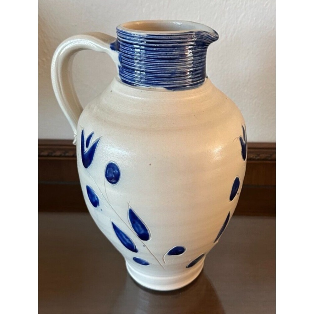 Unmarked‎ Stoneware Salt Glaze Blue Floral & Striped 10.5" Pitcher Jug Pottery